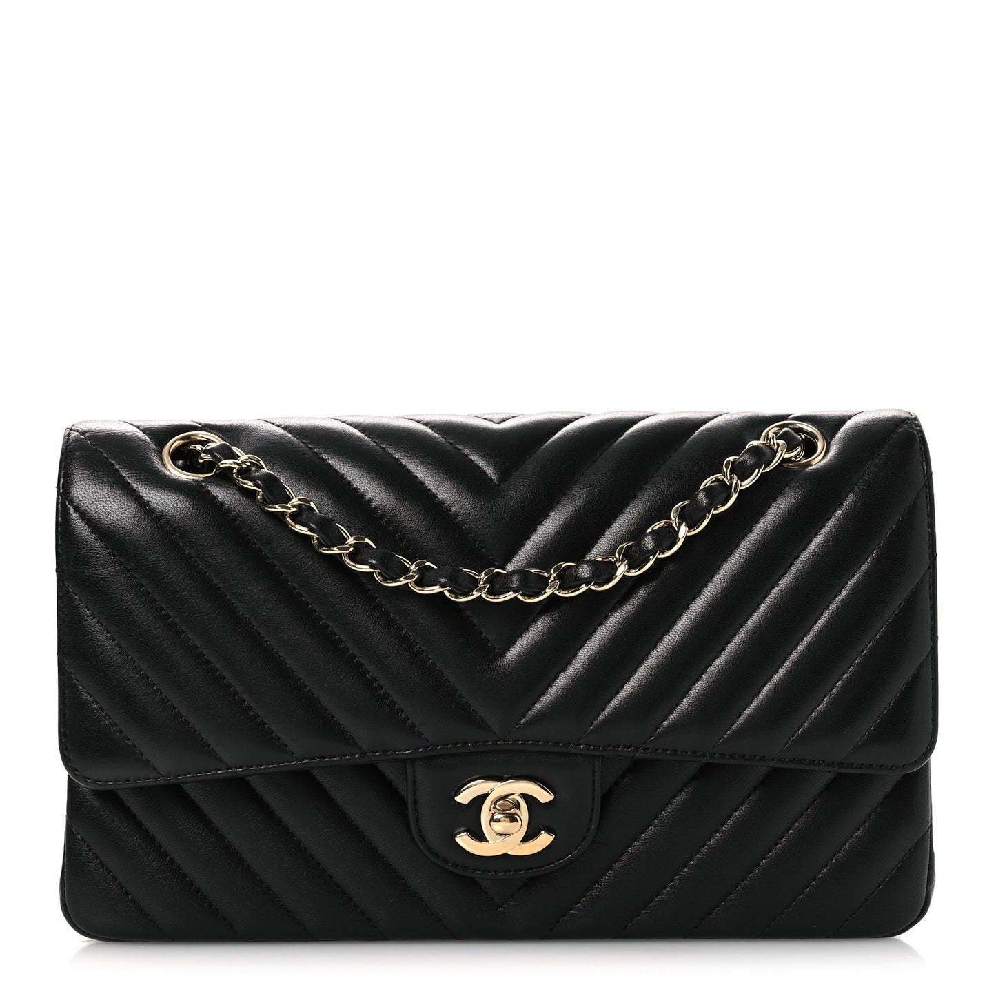 Lambskin Chevron Quilted Medium Double Flap Black