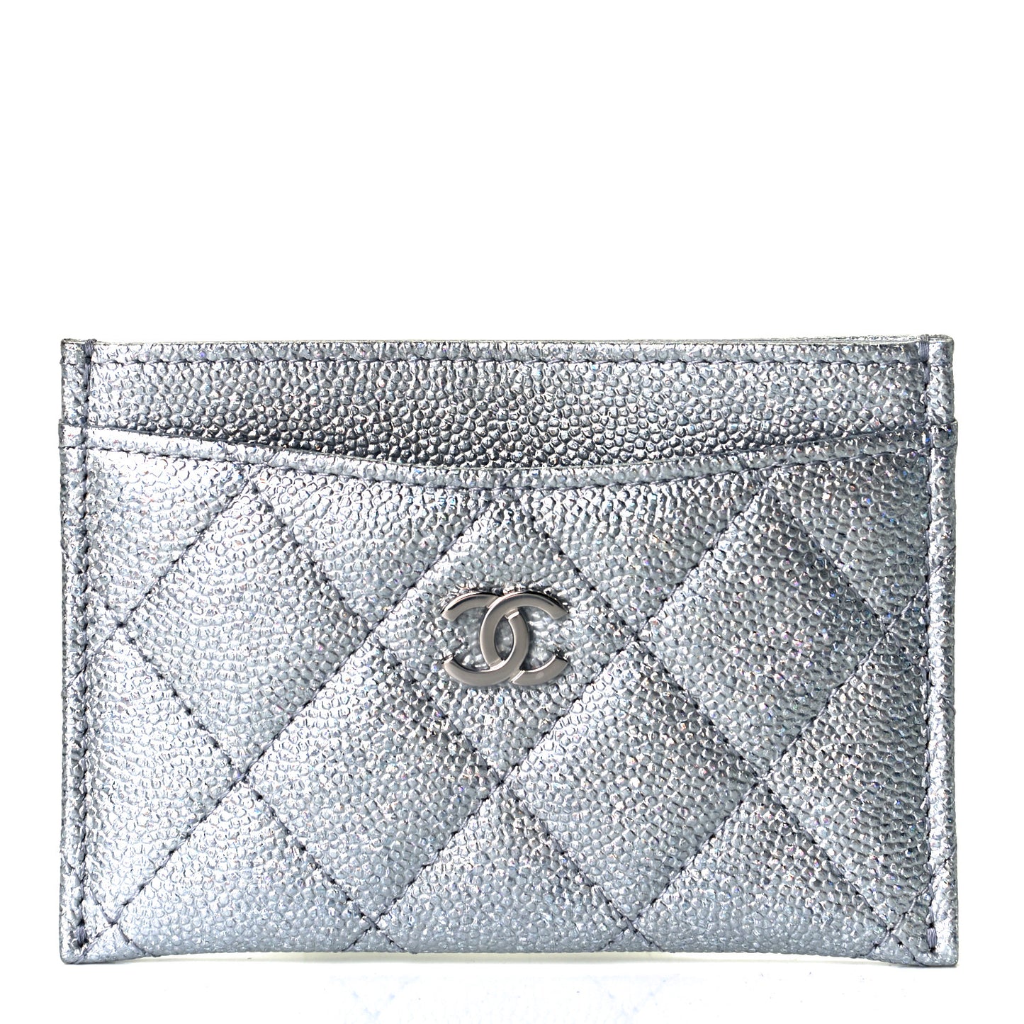 Glittered Metallic Caviar Quilted Card Holder Silver