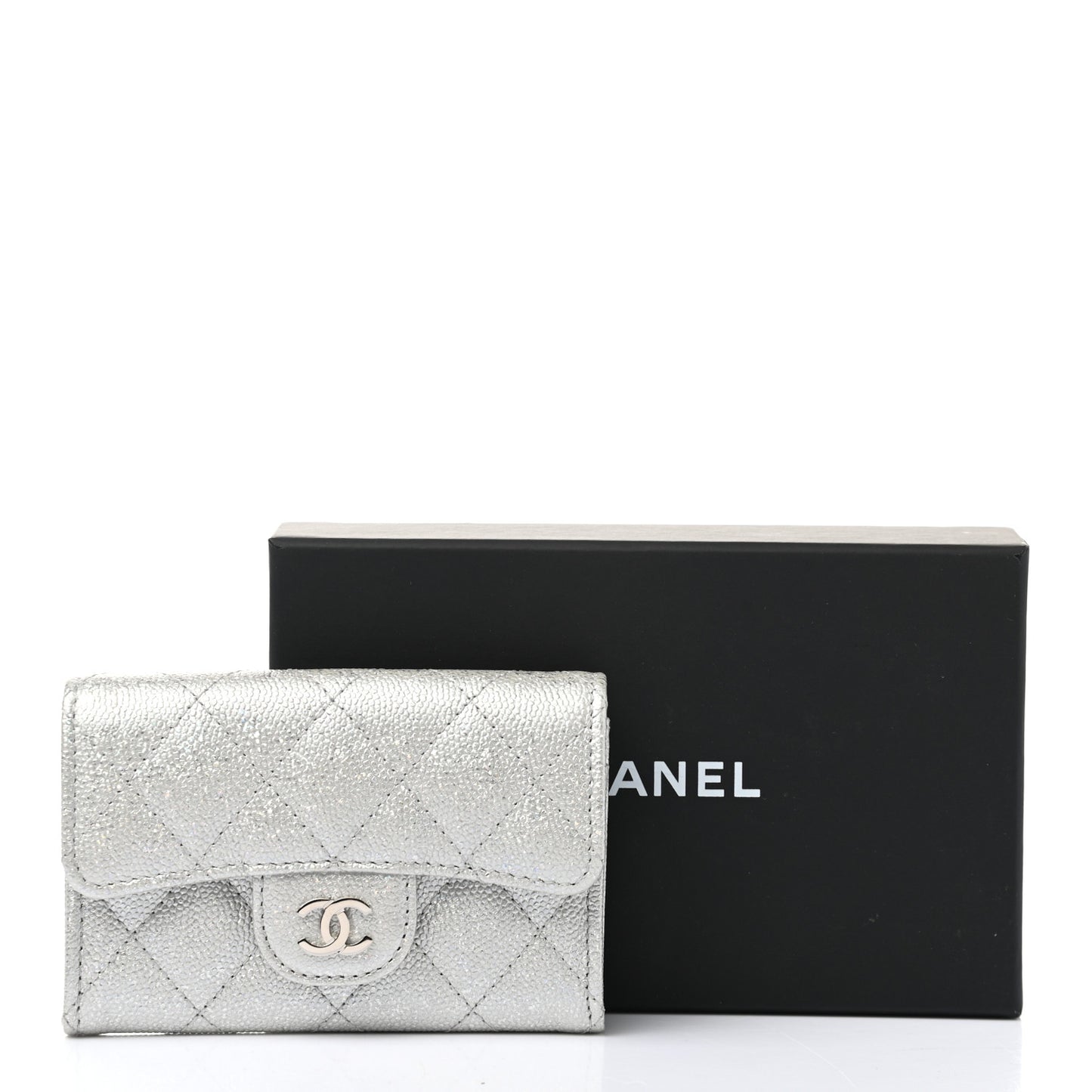 Metallic Caviar Quilted Flap Card Holder Wallet Silver