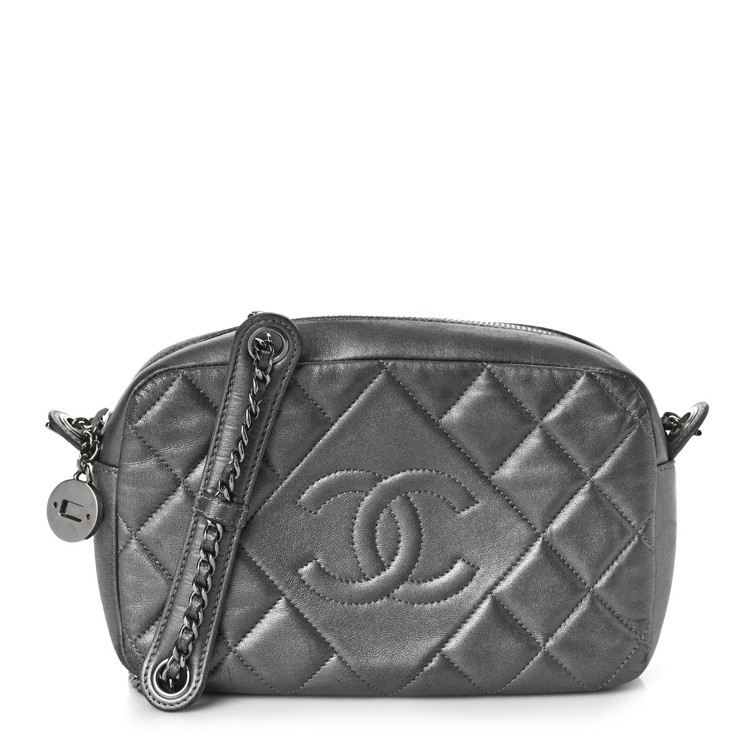 Metallic Calfskin Quilted Small Ballerine Camera Case Grey