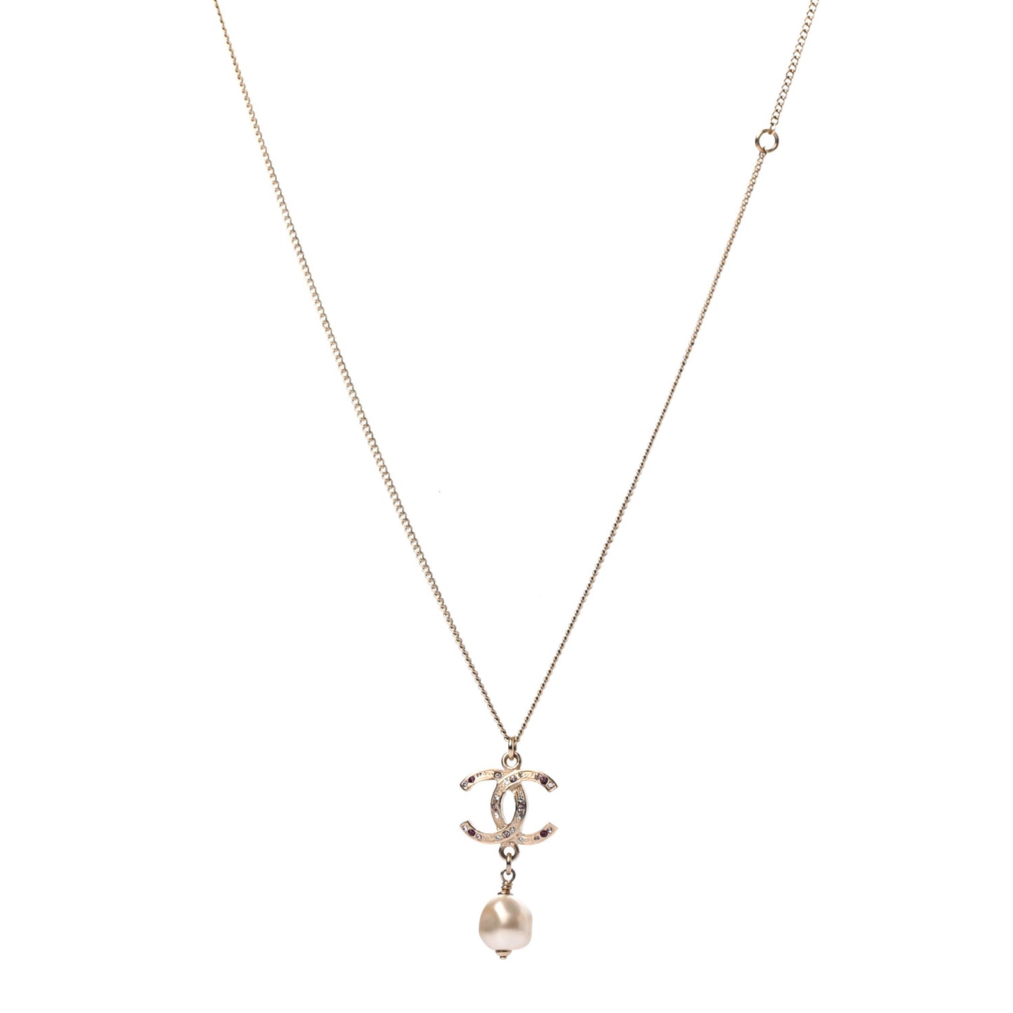 Crystal CC Pearl Drop Necklace Gold