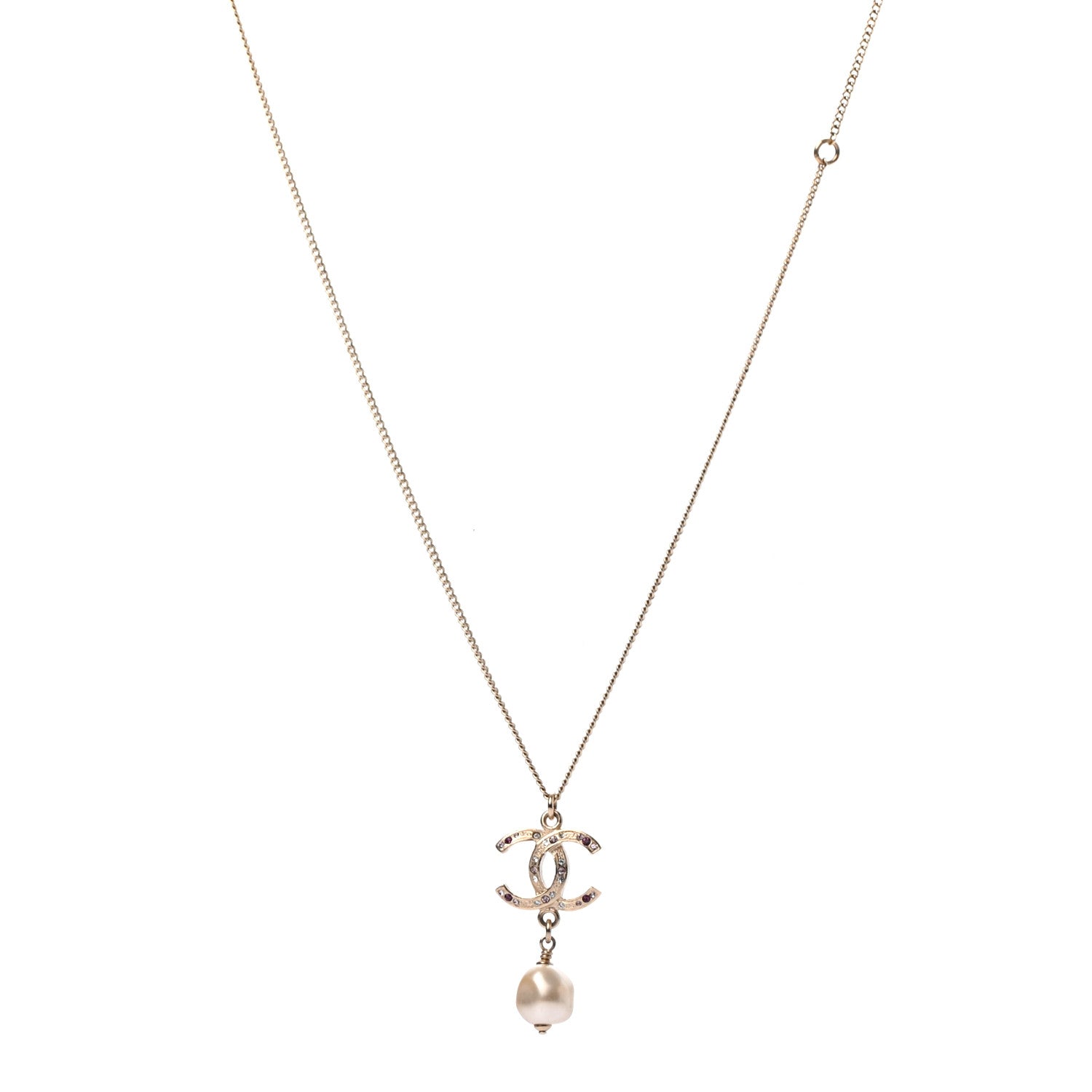 Chanel Crystal CC Pearl Drop Necklace Gold 1 of 5