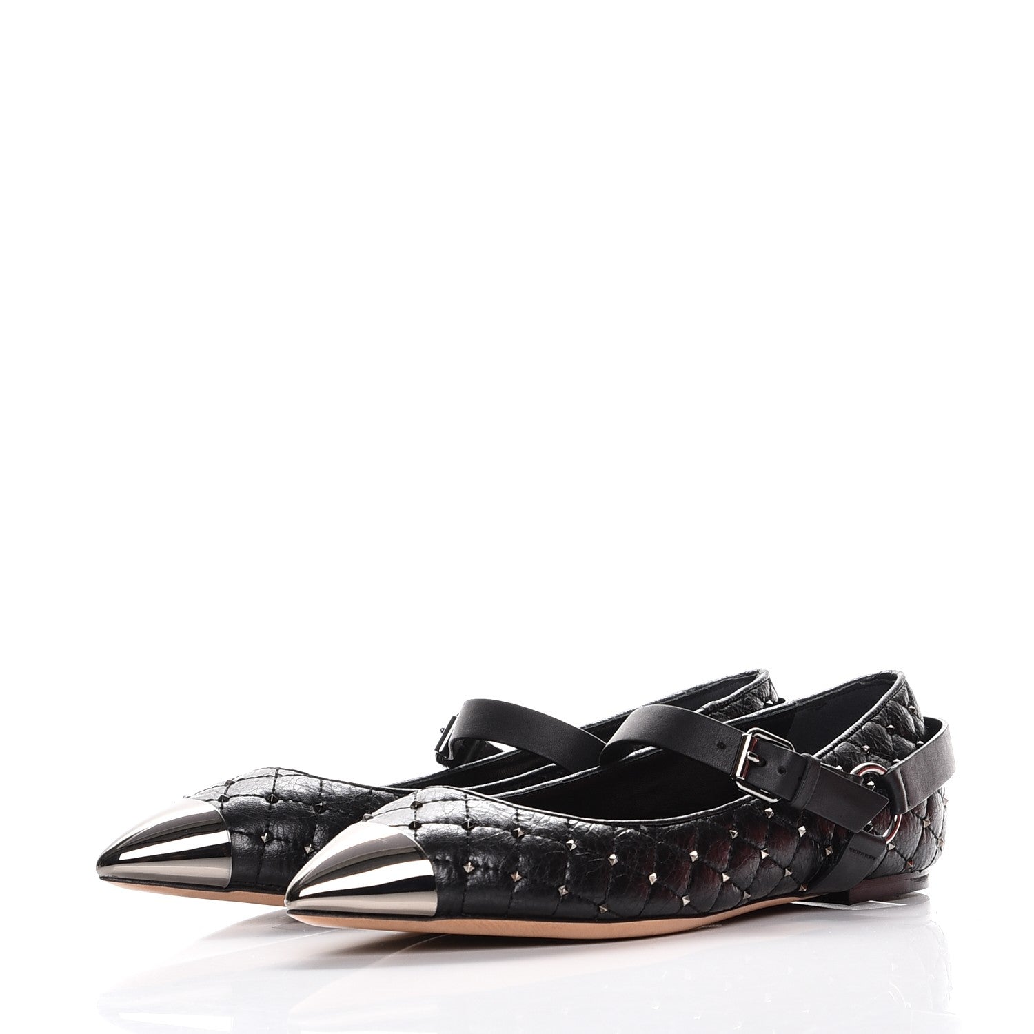 Valentino Garavani Crackled Lambskin Rockstud Spike Captoe Ballerina Flats 39 Black 3 of 9