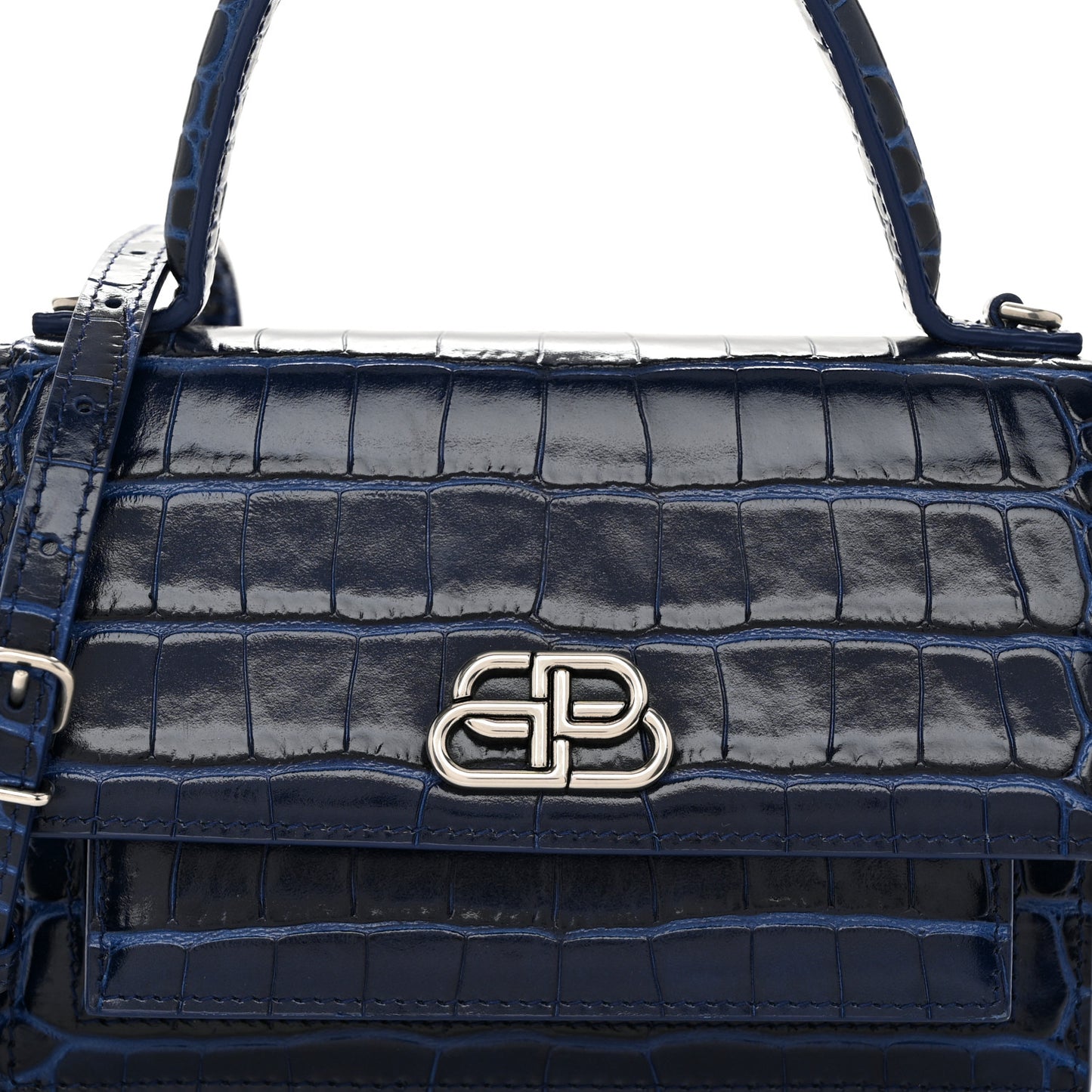 Shiny Calfskin Crocodile Embossed XS Sharp Top Handle Bag Navy