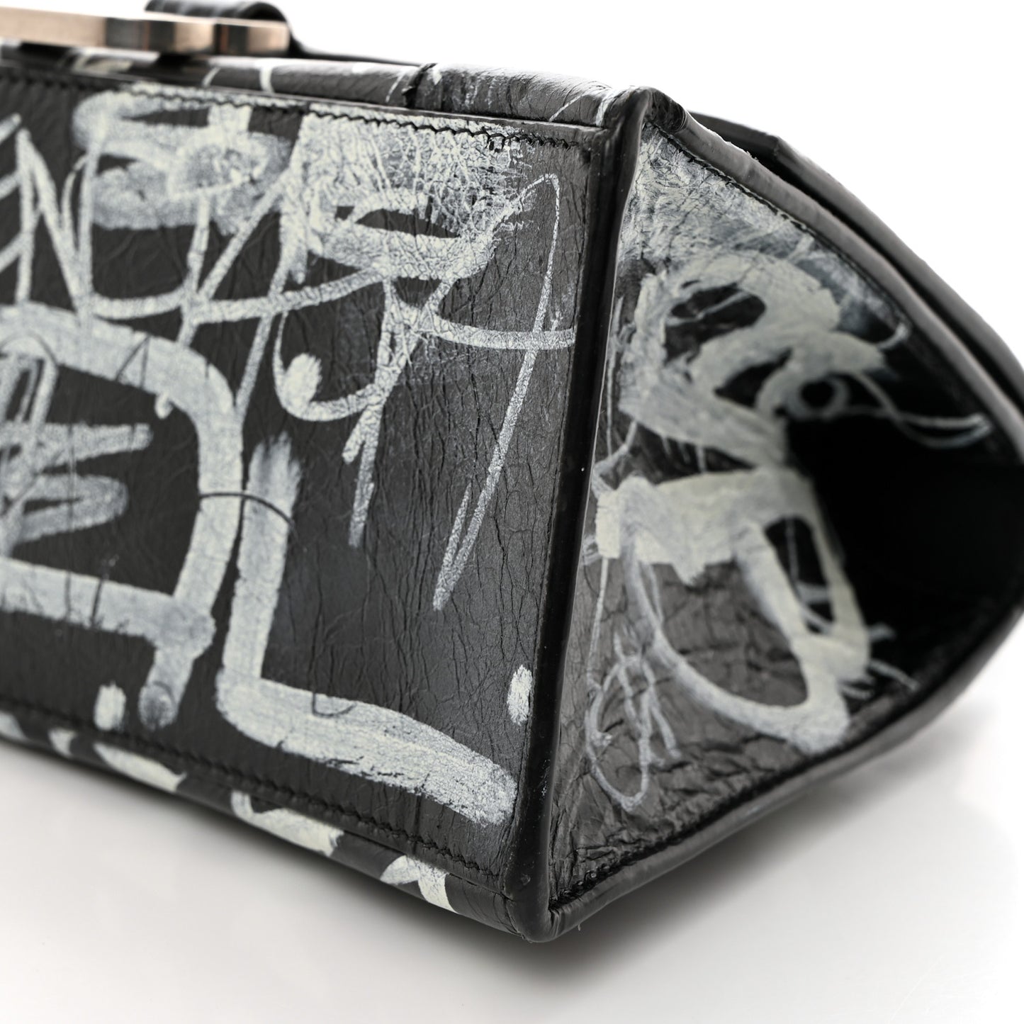 Agneau Graffiti Logo Small Hourglass Top Handle Bag Black