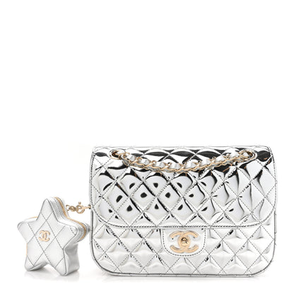 Chanel Mirror Calfskin Metallic Calfskin Medium Hollywood Boulevard Flap With Star Coin Purse Silvery 1 of 11