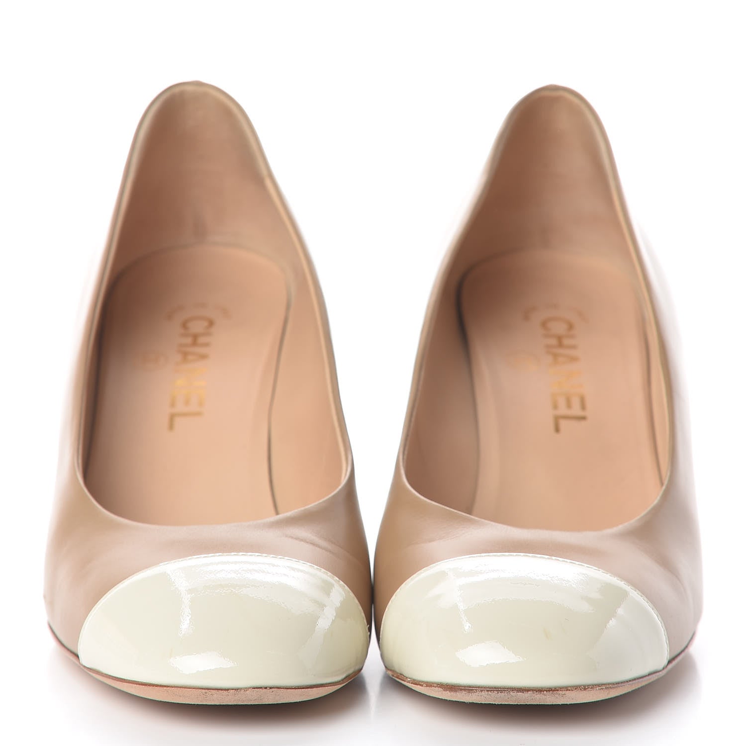 Chanel Lambskin Patent Cap Toe Pumps 37.5 Beige 2 of 14
