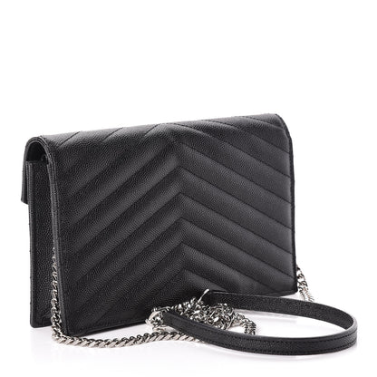 Saint Laurent Grain De Poudre Matelasse Chevron Monogram Envelope Chain Wallet Black 3 of 11