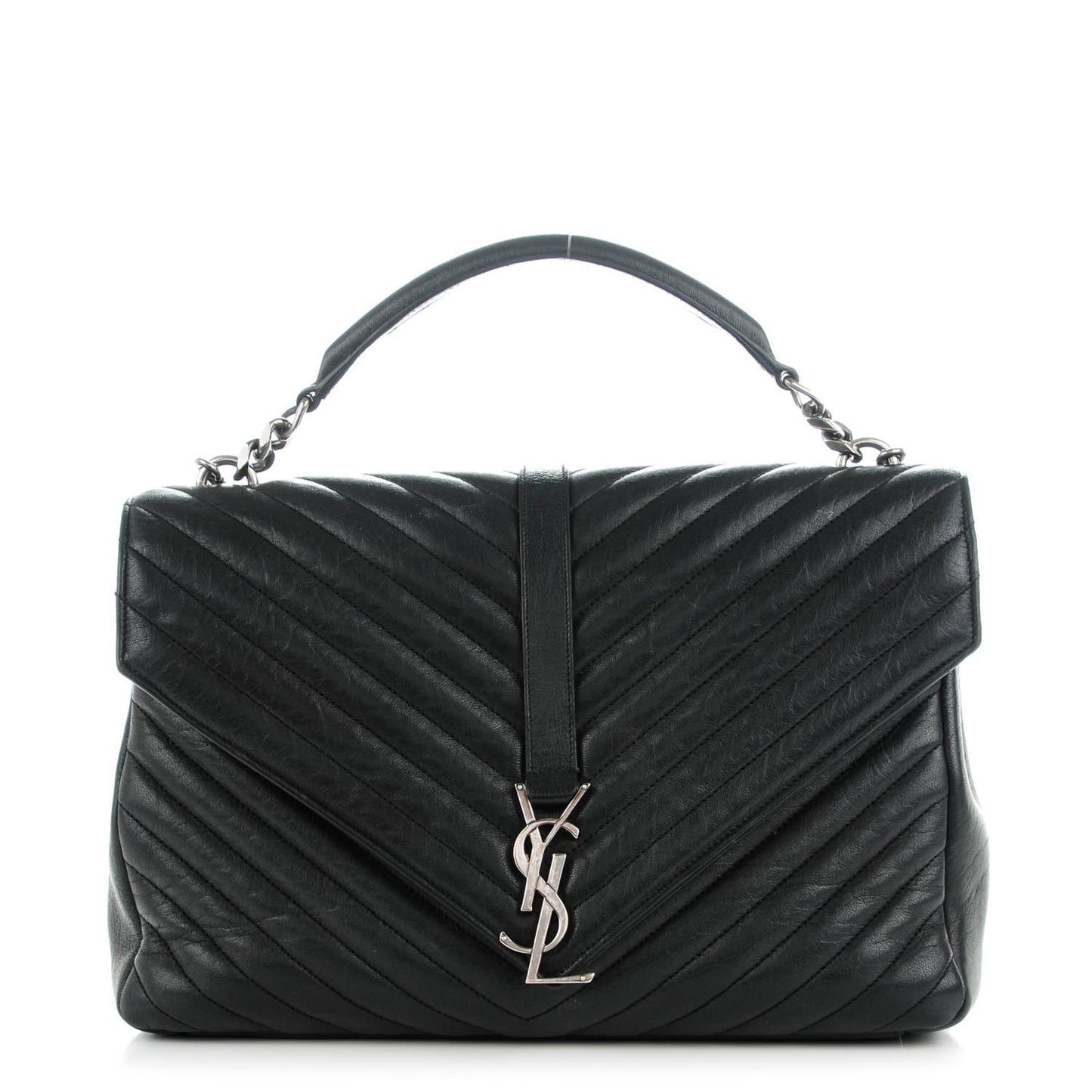 Sheepskin Matelasse Chevron Monogram Large College Satchel Black