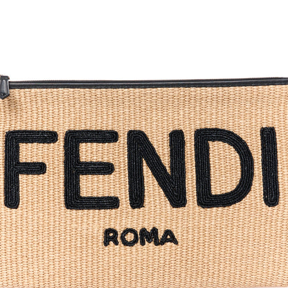Fendi Straw Vitello King Logo Woven Large Flat Pouch Paglia Black 7 of 7