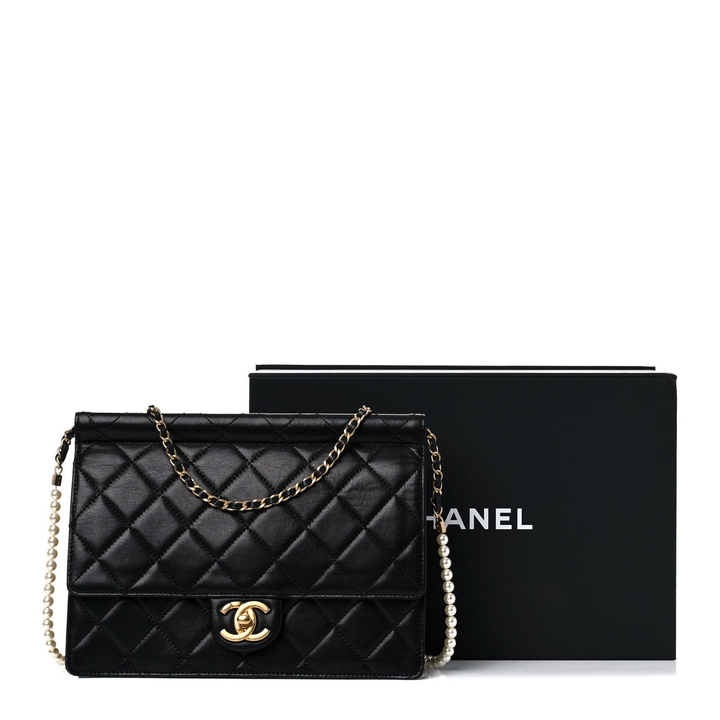 Goatskin Quilted Pearl Chain Flap Bag Black