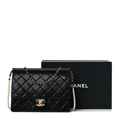 Chanel Goatskin Quilted Pearl Chain Flap Bag Black 8 of 14