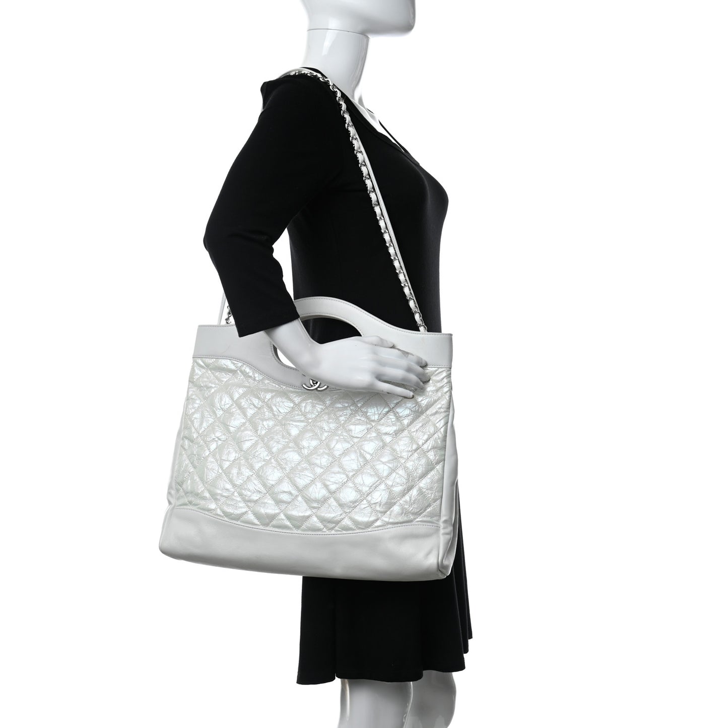 Crumpled Calfskin Quilted Large 31 Shopping Bag White