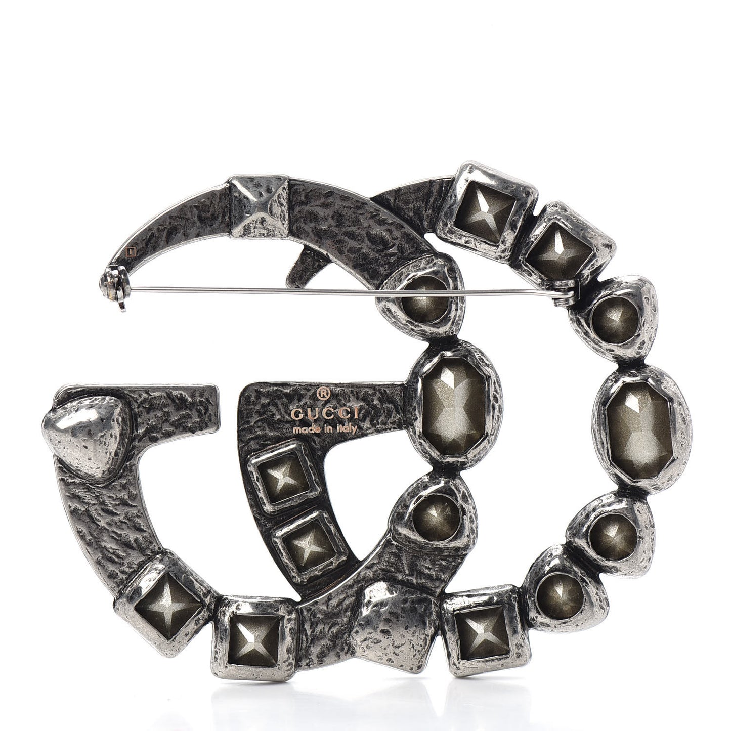 Metal Crystal Double G Brooch Silver