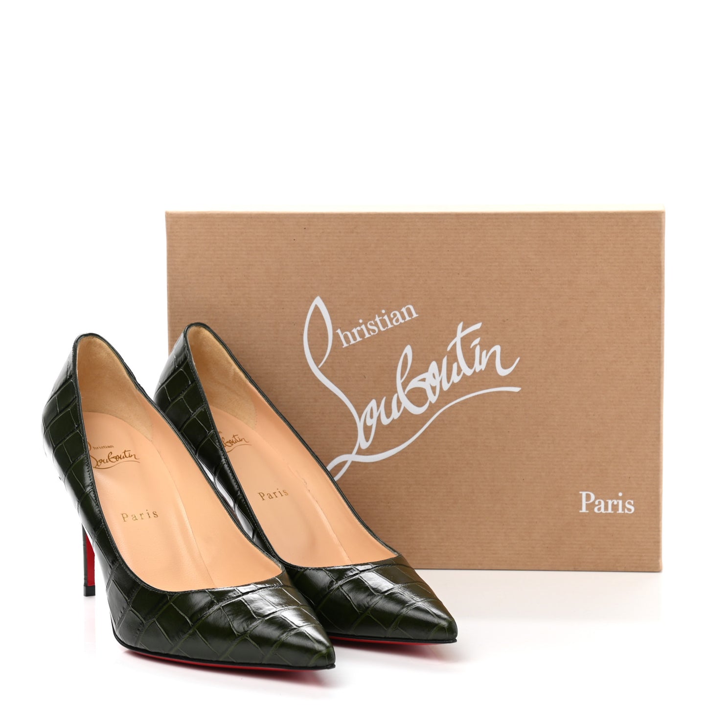 Calfskin Crocodile Embossed Kate 85 Pumps 39.5 Forest Night