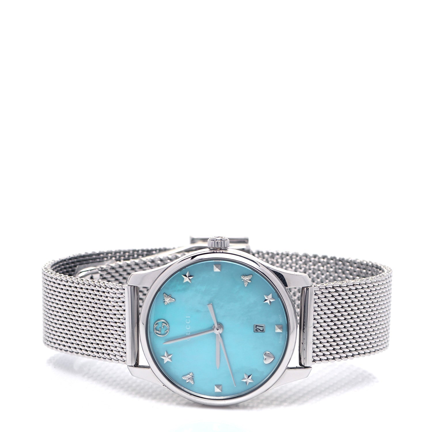 Gucci Stainless Steel Turquoise Mother of Pearl 29mm G-Timeless Charm Quartz Watch 2 of 6