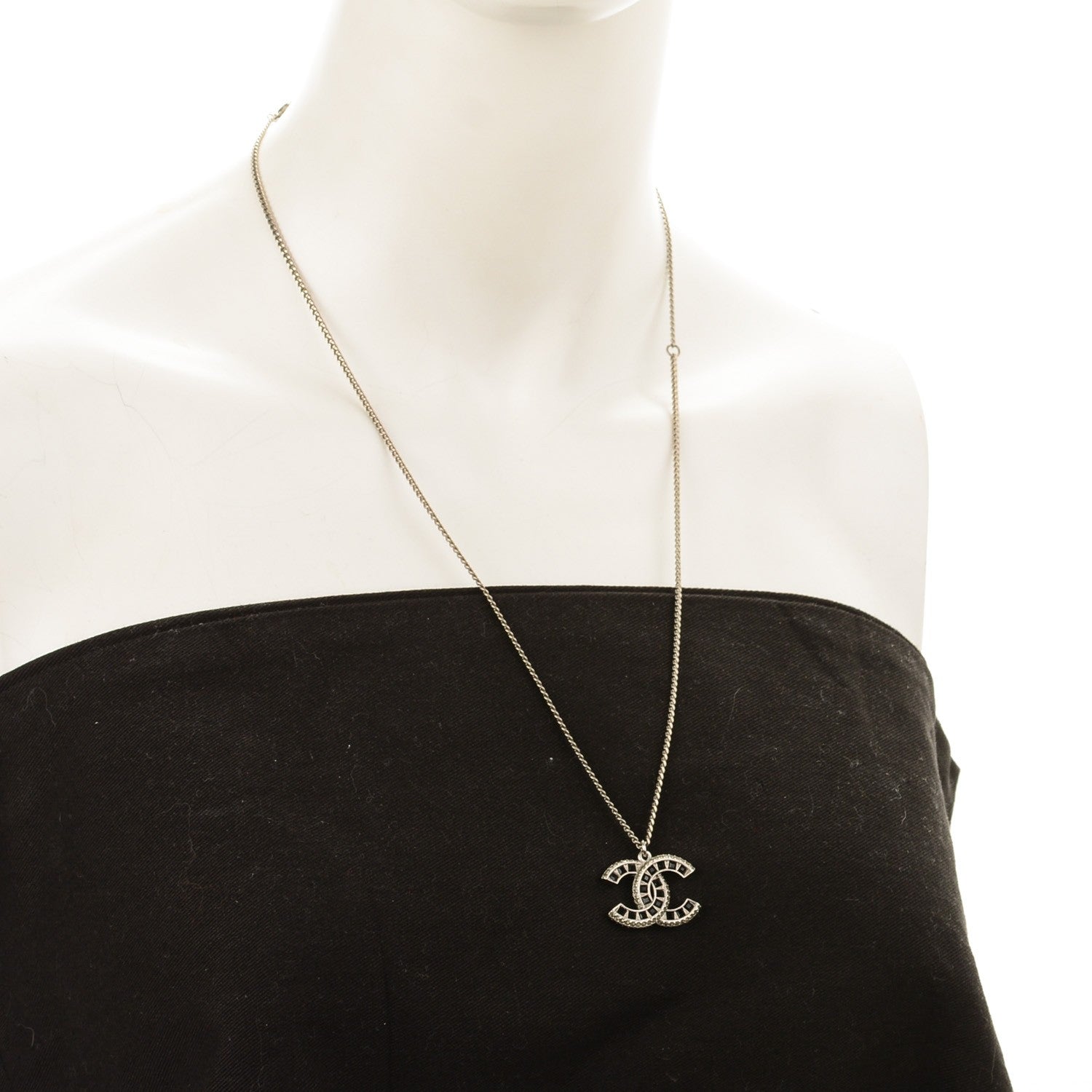 Chanel Baguette Crystal CC Necklace Silver Black 2 of 12