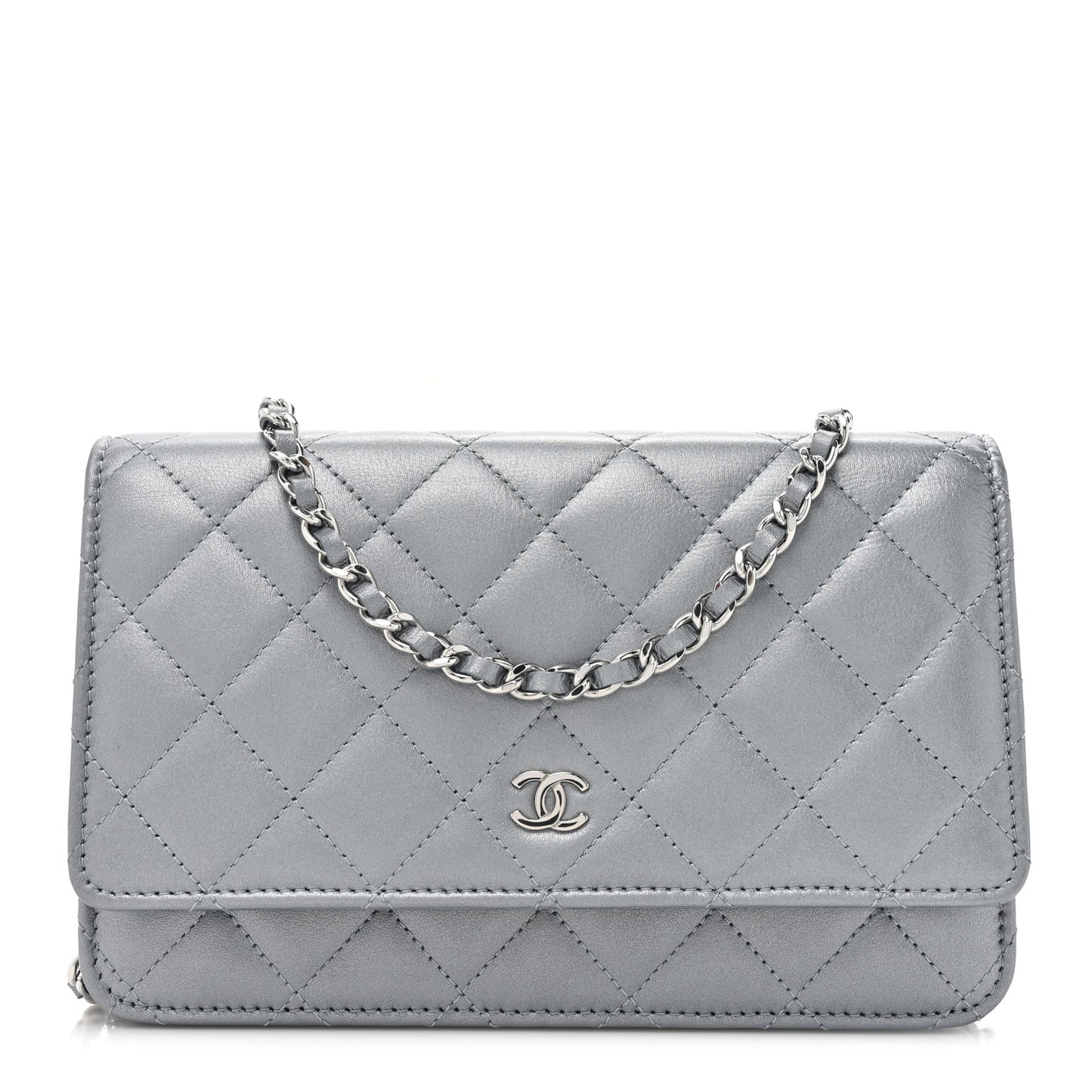 Metallic Lambskin Quilted Wallet On Chain WOC Silver