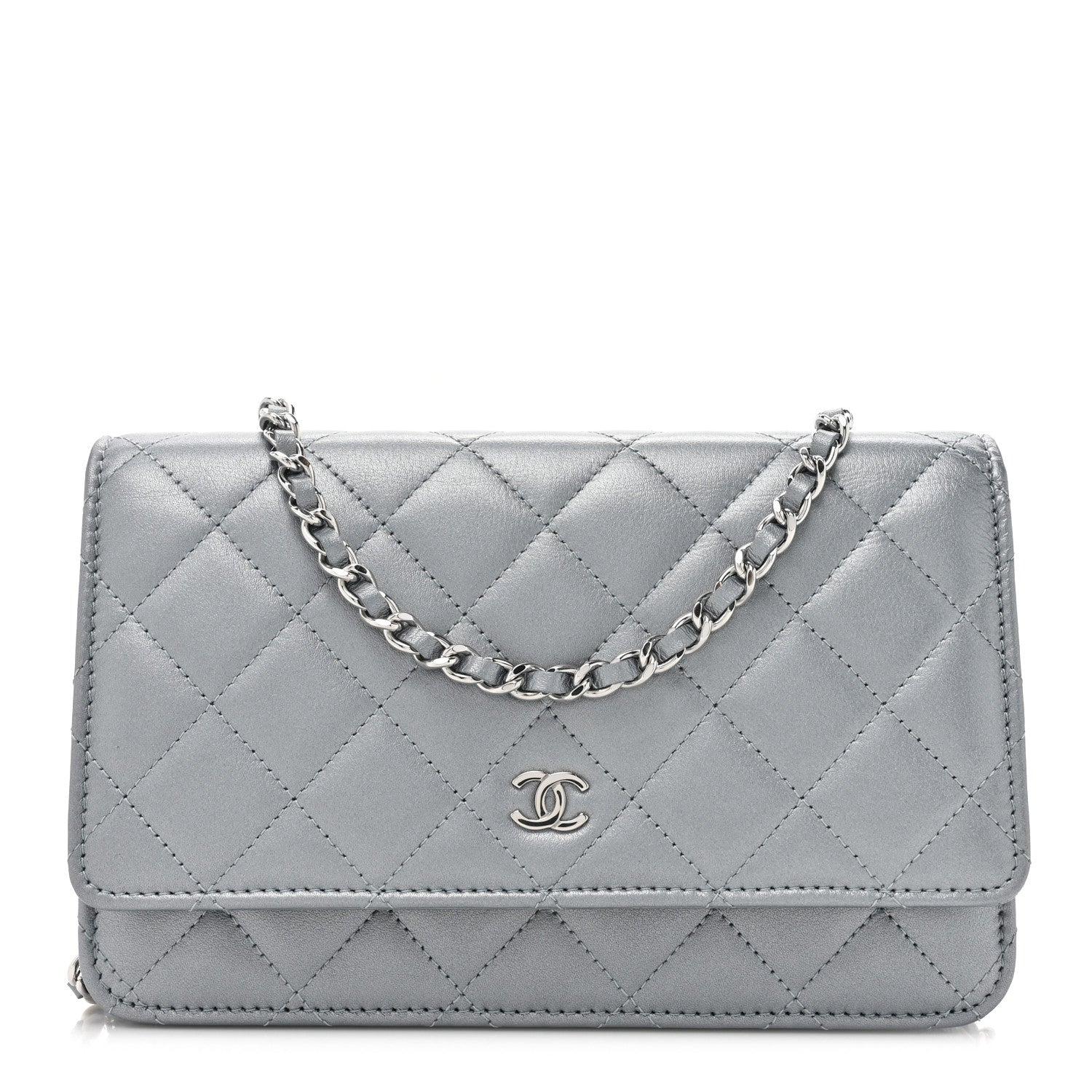 Chanel Metallic Lambskin Quilted Wallet On Chain WOC Silver 1 of 12
