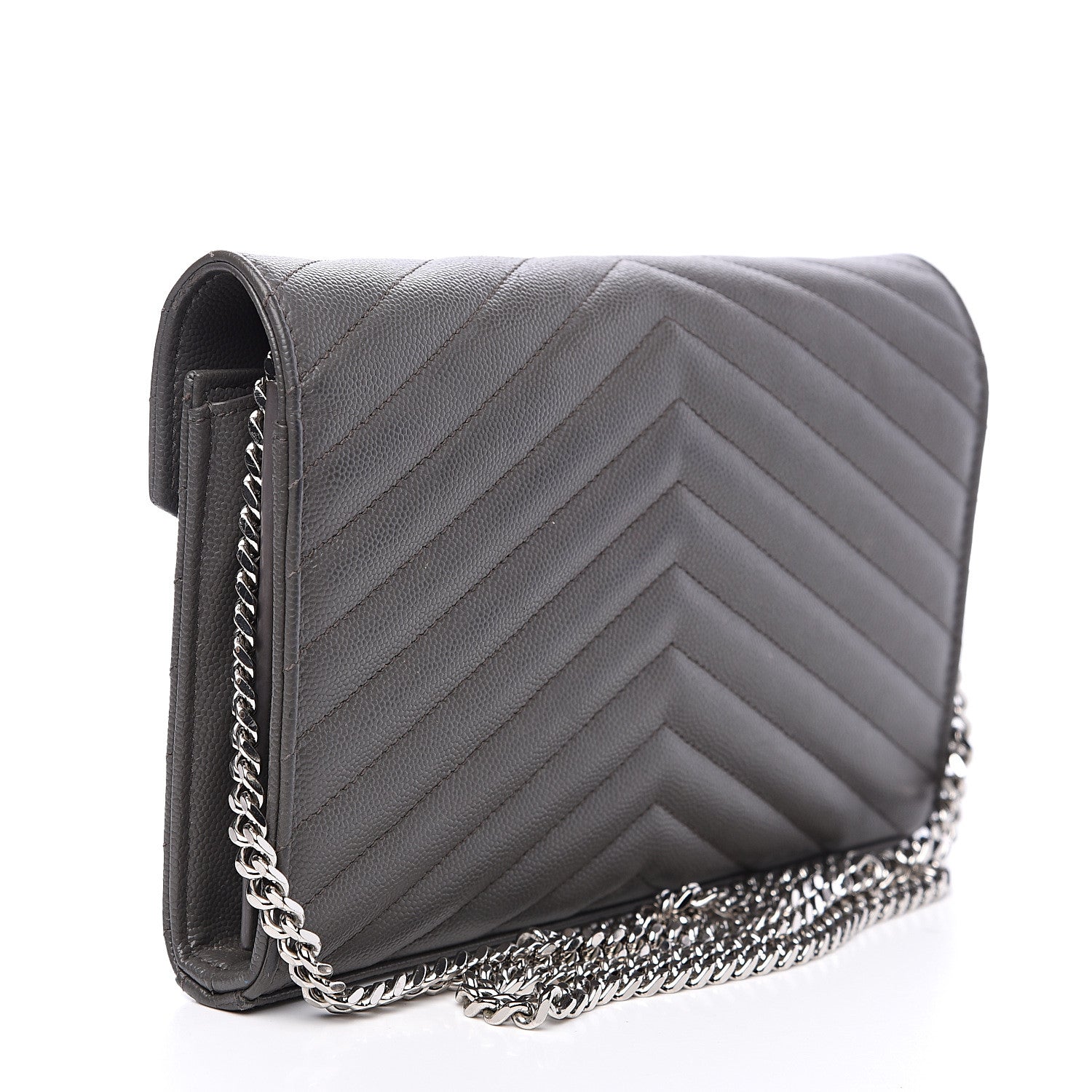 Saint Laurent Grain De Poudre Matelasse Chevron Monogram Chain Wallet Fog 2 of 12