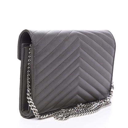 Saint Laurent Grain De Poudre Matelasse Chevron Monogram Chain Wallet Fog 2 of 12