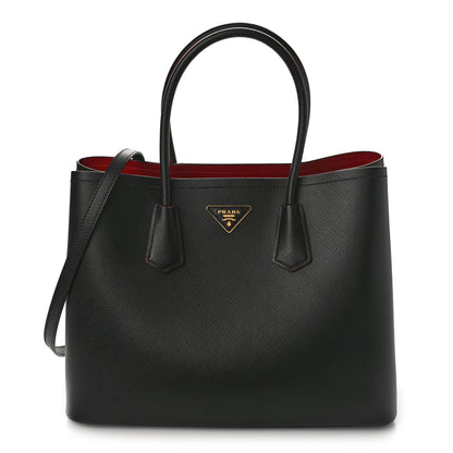 Prada Saffiano Cuir Medium Double Bag Black Fuoco 1 of 9