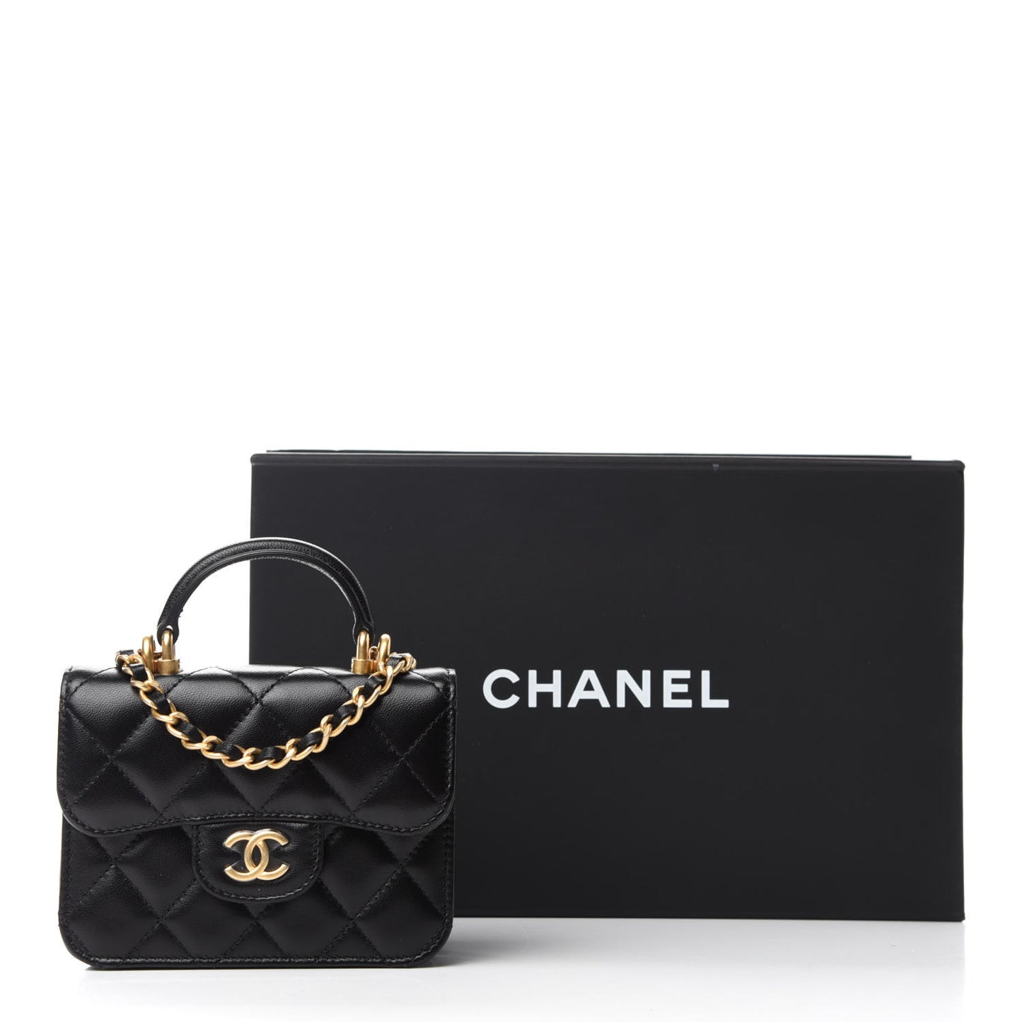 Lambskin Quilted Top Handle Flap Coin Purse With Chain Black