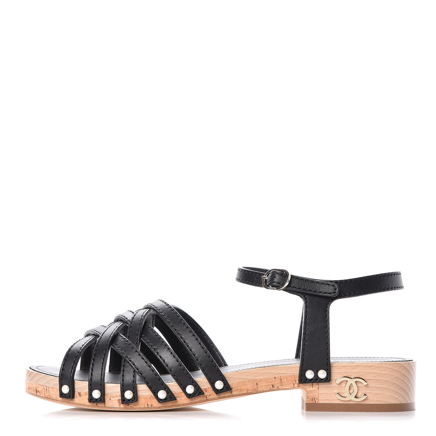 Cork Wood Calfskin Strappy Sandals 39 Black