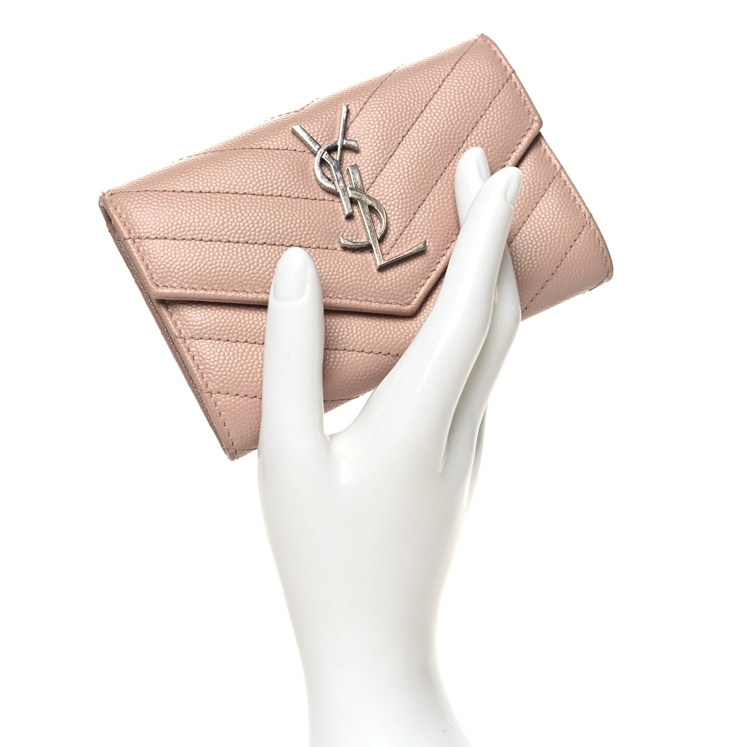 Saint Laurent Grain De Poudre Matelasse Chevron Small Monogram Envelope Wallet Pale Pink 2 of 10