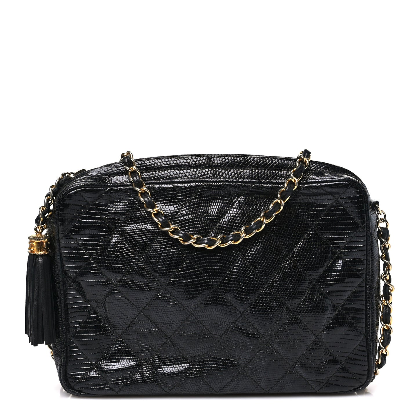 Lizard Quilted Small Tassel Camera Case Black