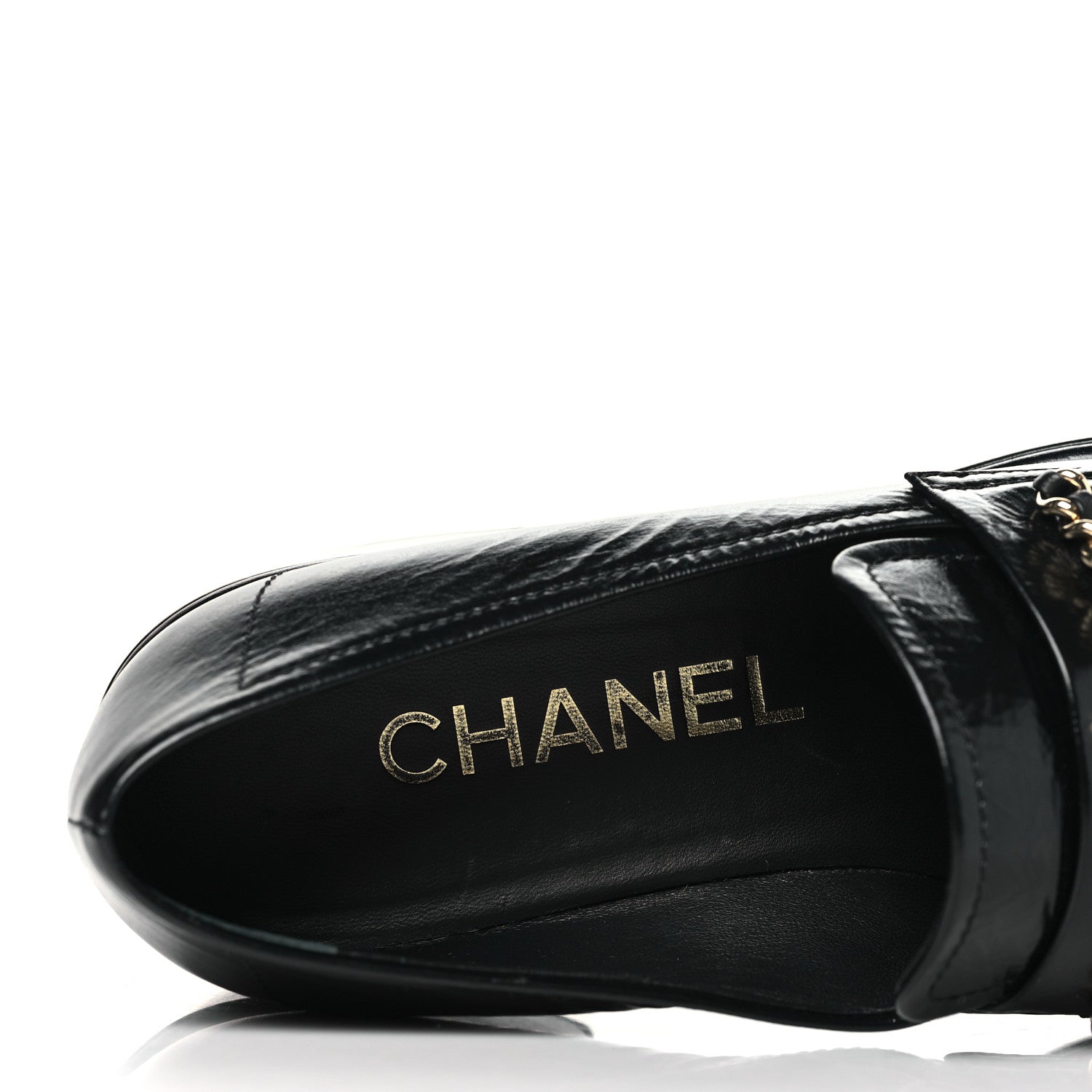 Chanel Shiny Calfskin Logo Loafers 37.5 Black 7 of 9
