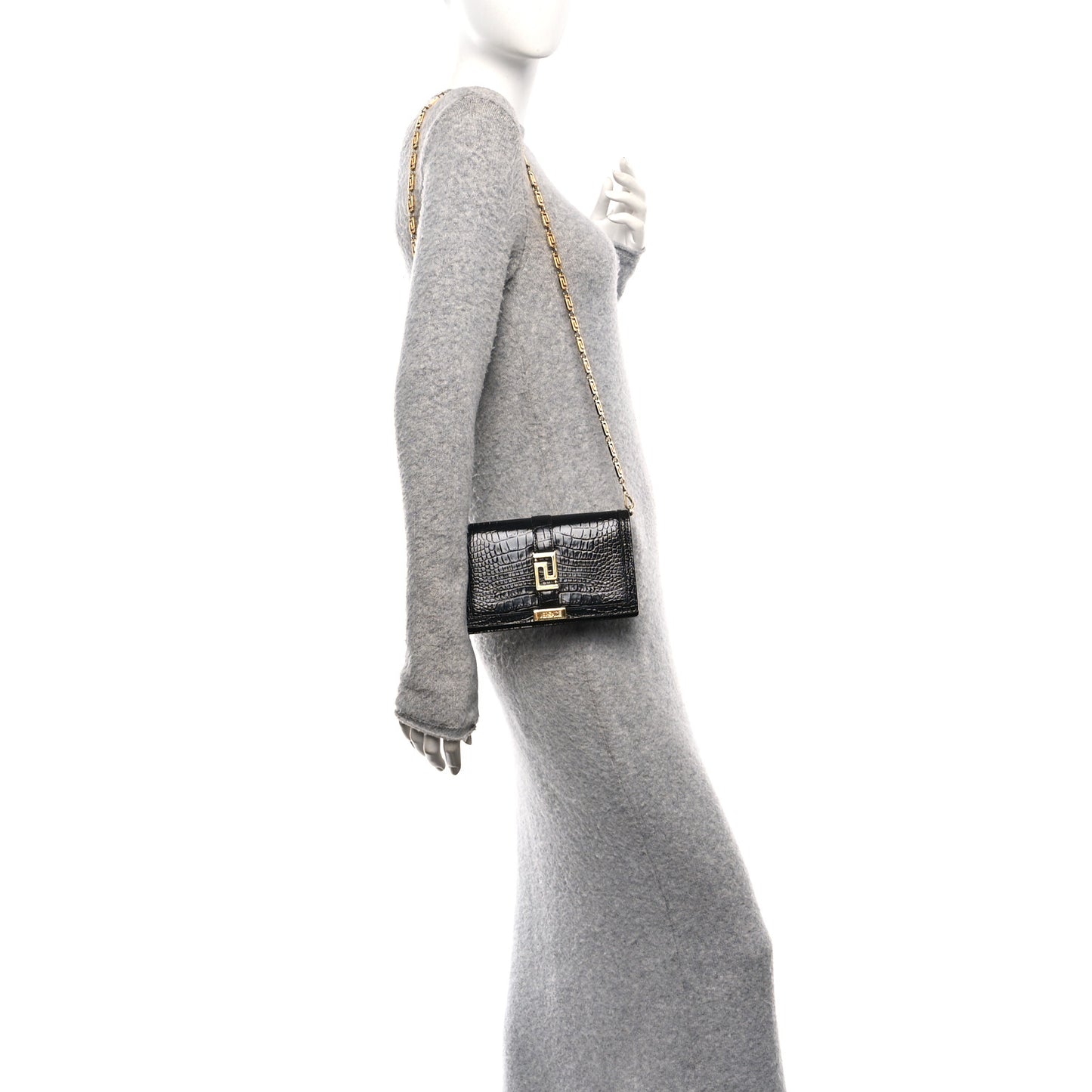 Crocodile Embossed Calfskin Greca Goddess Wallet On Chain Black
