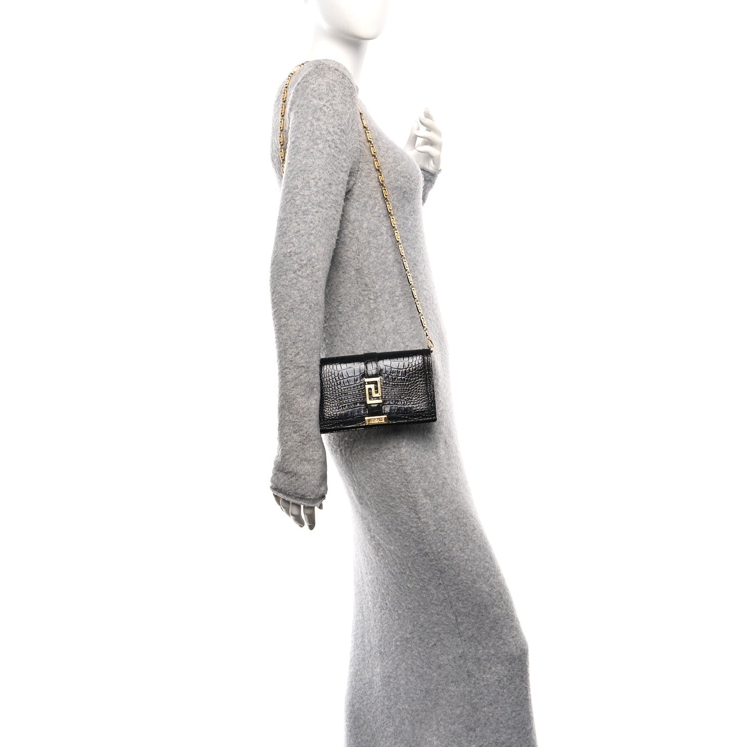 Versace Crocodile Embossed Calfskin Greca Goddess Wallet On Chain Black 2 of 9