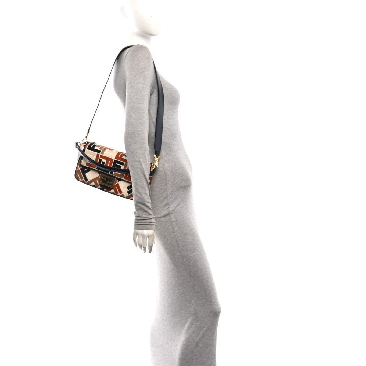 Canvas Vitello Seta FF Embroidered Baguette Brandy Black