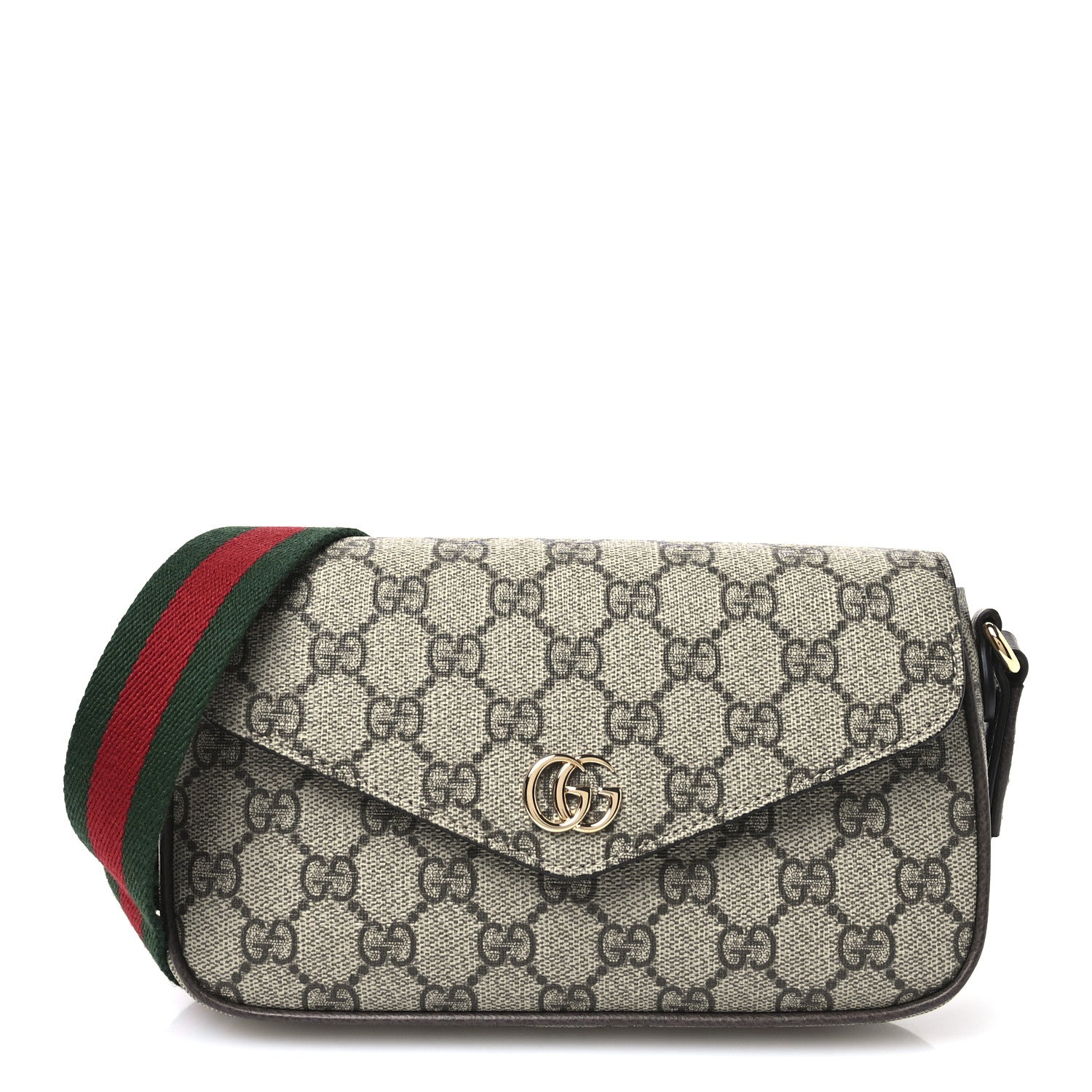 Gucci GG Supreme Monogram Textured Dollar Calfskin Web Mini Ophidia Envelope Shoulder Bag Beige Ebony New Acero 1 of 10