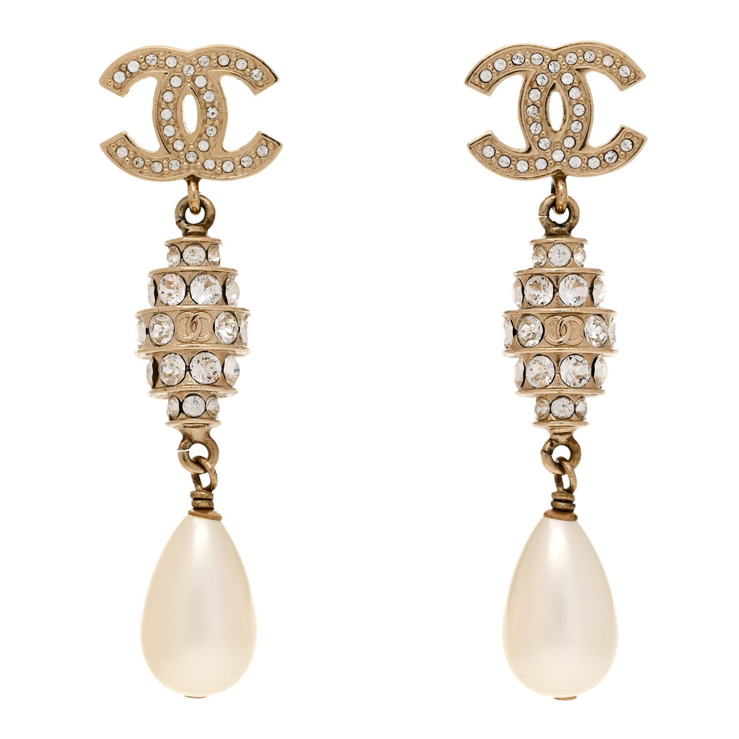 Chanel Crystal Pearl CC Drop Earrings Gold 1 of 5