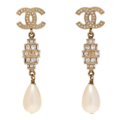 Chanel Crystal Pearl CC Drop Earrings Gold 1 of 5
