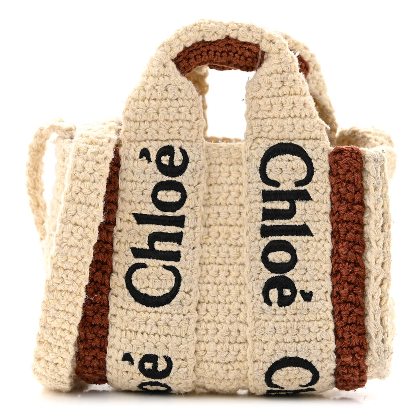 Crochet Mini Woody Ribbon Tote White Brown