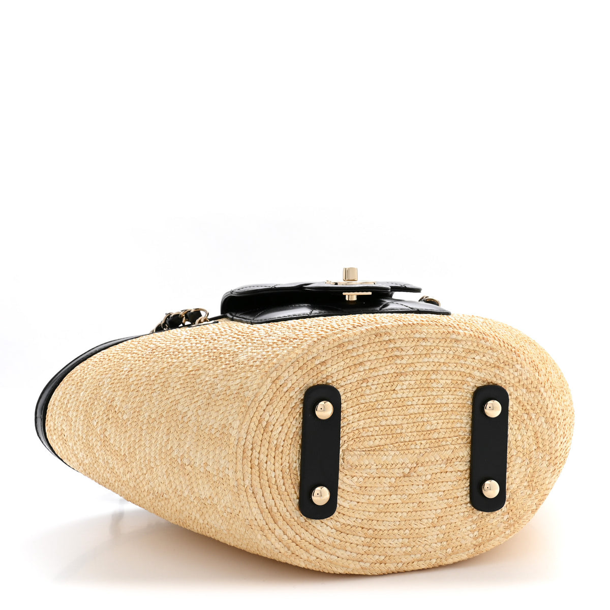 Raffia Braided Lambskin Small Shopping Tote Beige Black