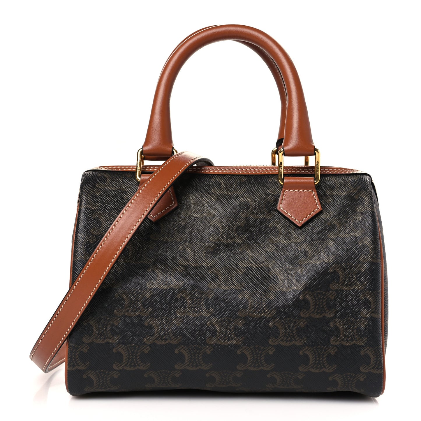 Triomphe Canvas Calfskin Small Boston Bag Tan