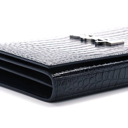 Saint Laurent Calfskin Crocodile Embossed Monogram Chain Wallet Black 15 of 18