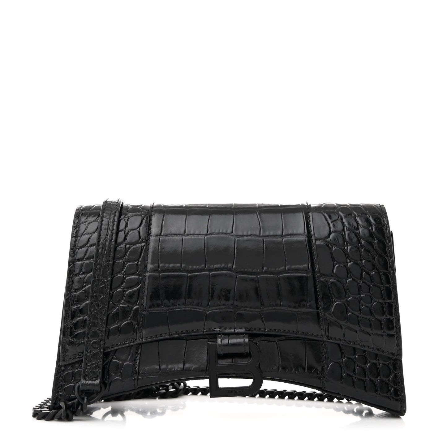 Shiny Calfskin Monochrome Crocodile Embossed Small Hourglass Evening Chain Bag Black