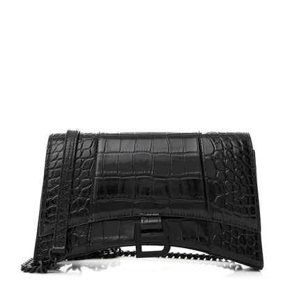 Balenciaga Shiny Calfskin Monochrome Crocodile Embossed Small Hourglass Evening Chain Bag Black 1 of 11