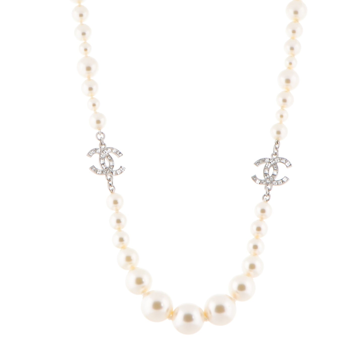 Crystal Baguette Pearl CC Short Necklace Silver