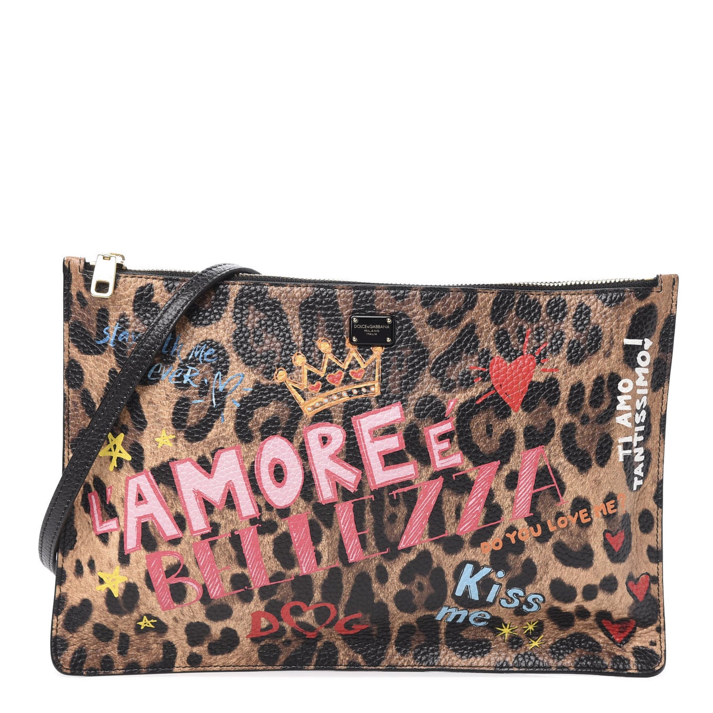 Calfskin Leopard Graffiti Print Crossbody Pouch Multicolor