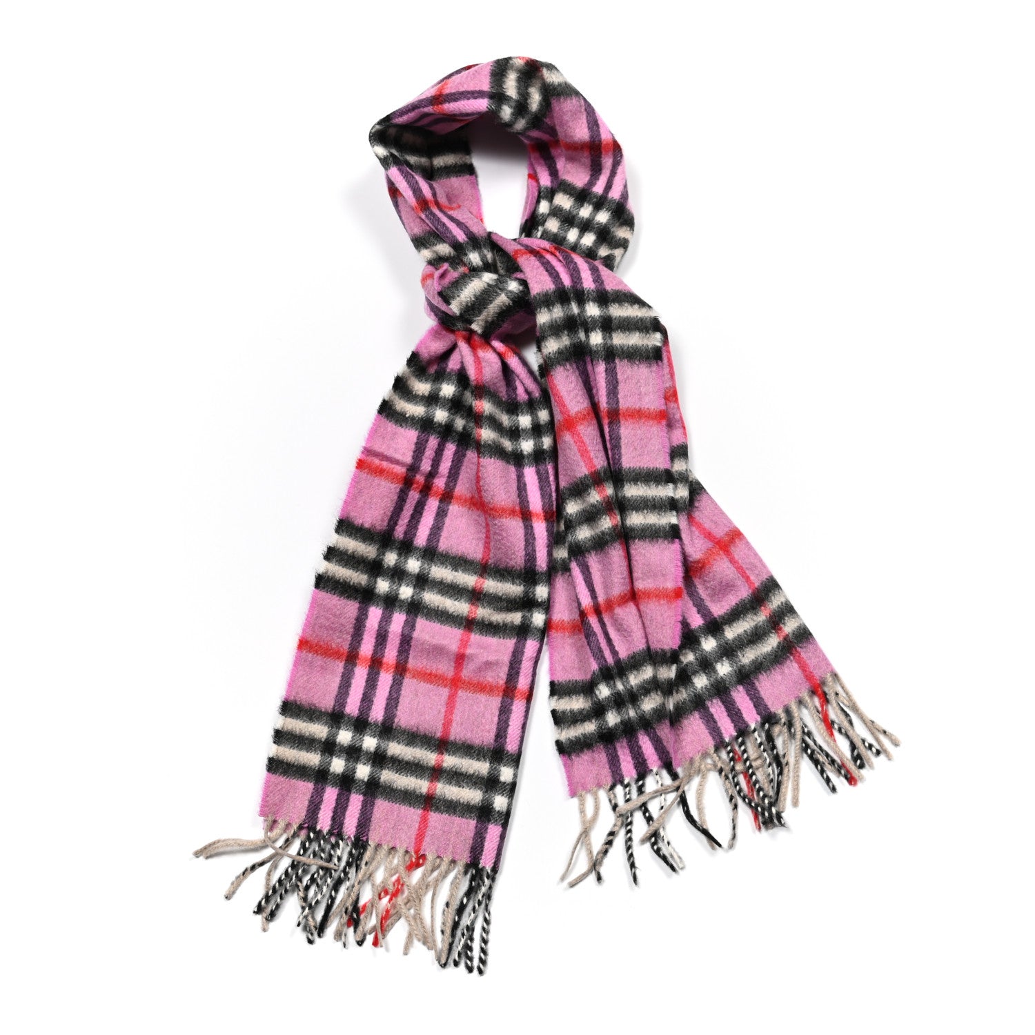 Burberry Cashmere Vintage Check Fringe Scarf Pink 1 of 4
