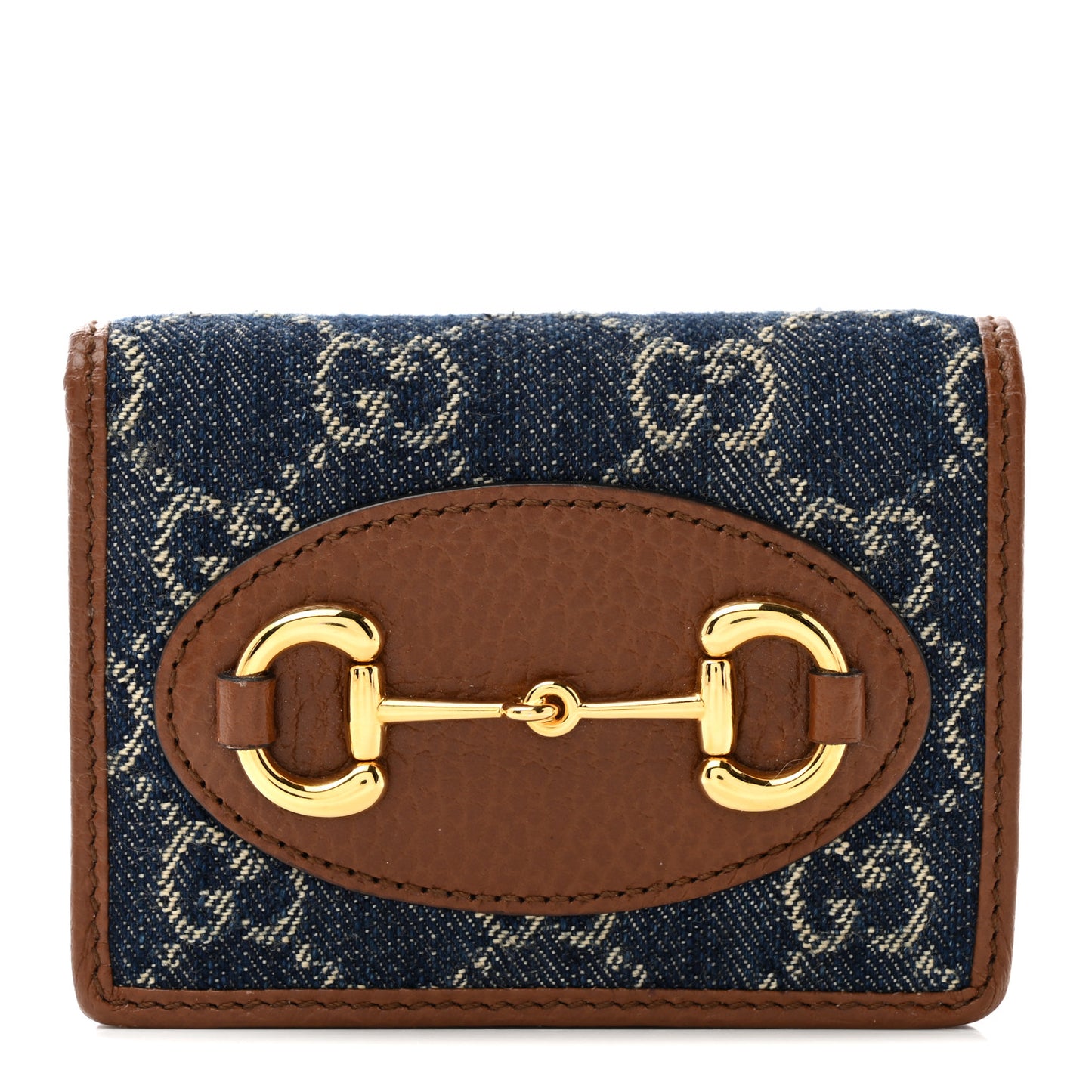 New Denim GG Monogram Dollar Calfskin Horsebit 1955 Card Case Wallet Blue Tea Cuir Epilog