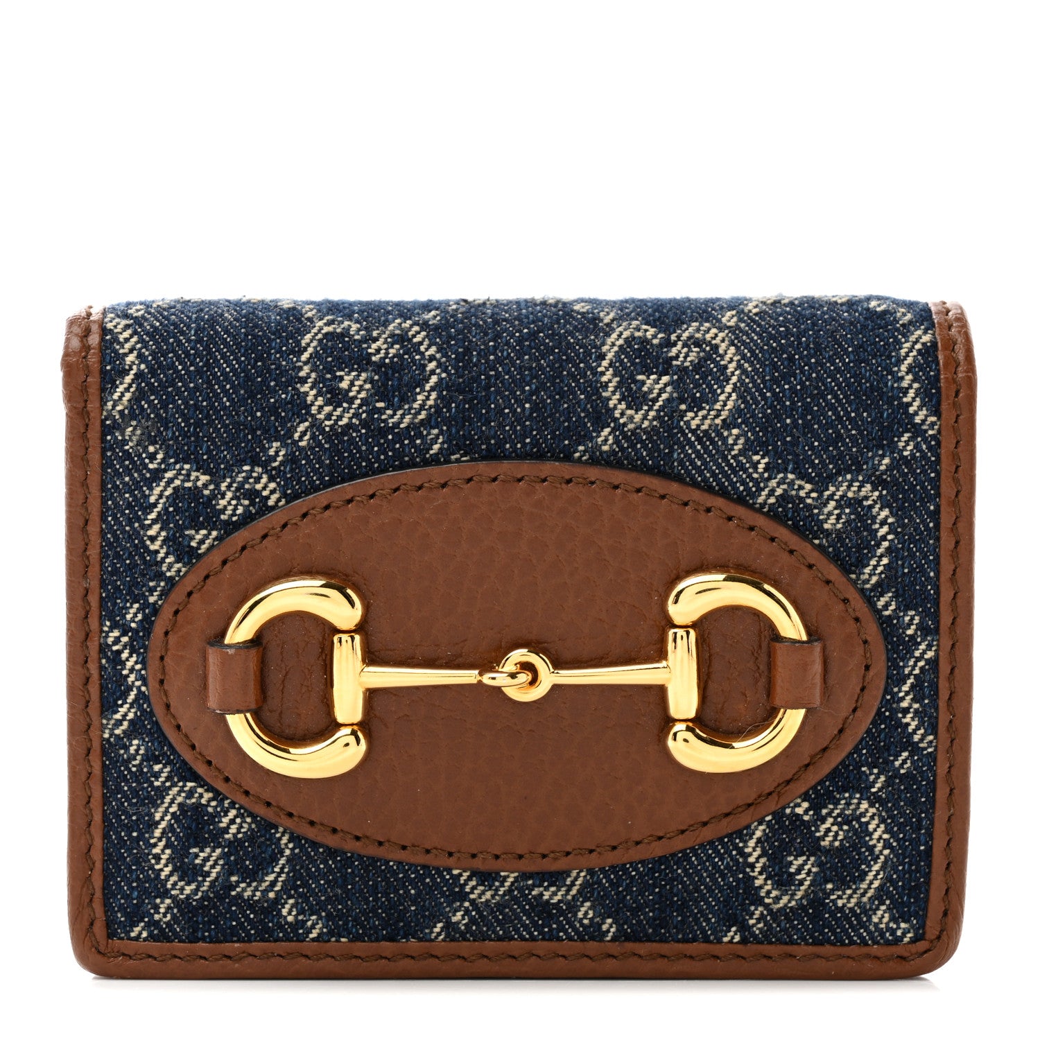 Gucci New Denim GG Monogram Dollar Calfskin Horsebit 1955 Card Case Wallet Blue Tea Cuir Epilog 1 of 9