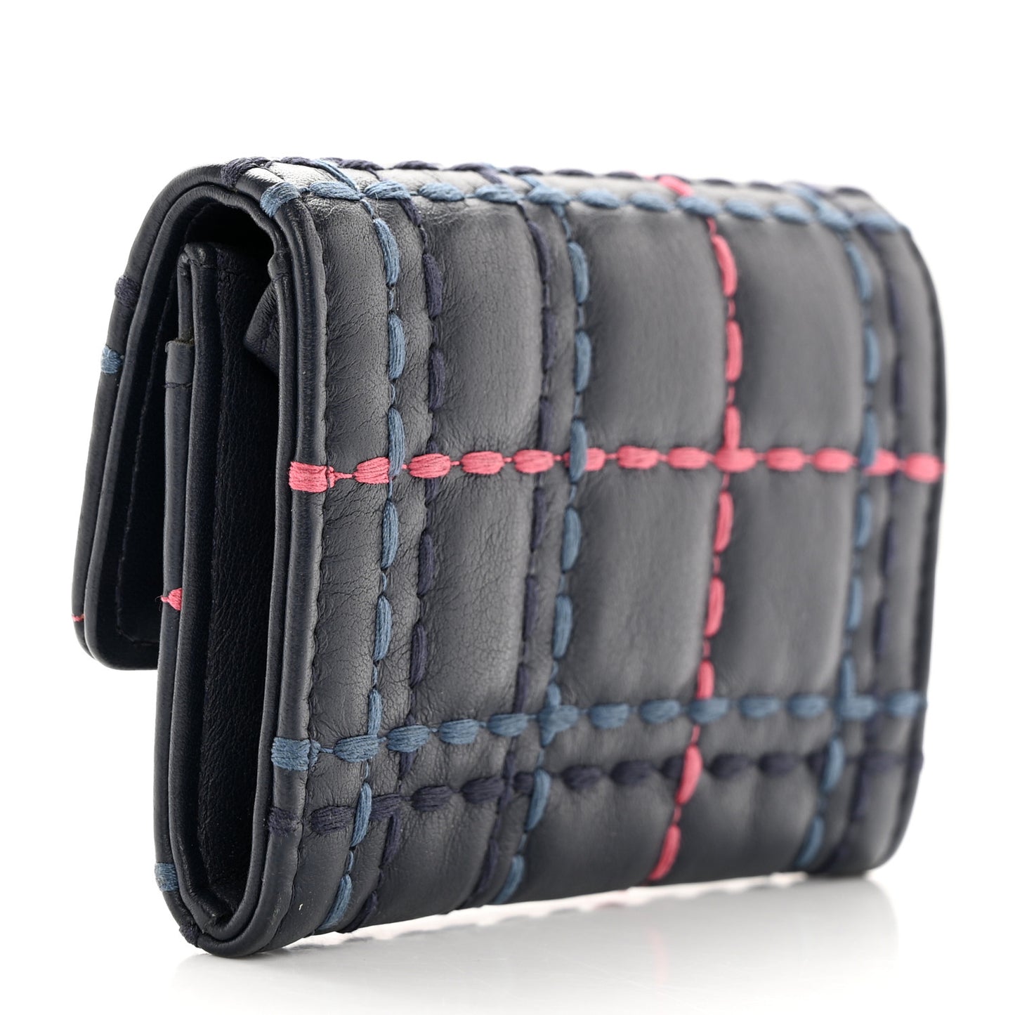 Lambskin Quilted Stitched Card Holder Blue Multicolor