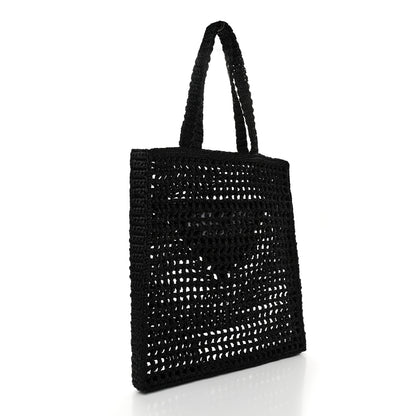 Prada Yarn Raffia Effect Crochet Logo Embroidered Tote Bag Black 3 of 10